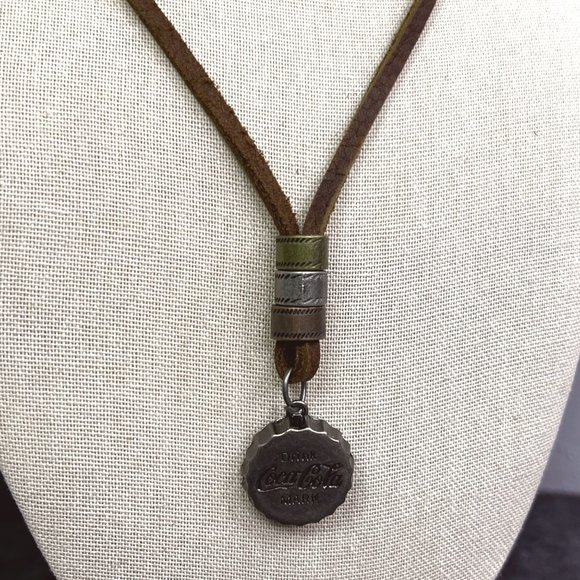 Drink Coca Cola Leather Necklace Bottlecap Pendant Brown Silver Metal Long - Picture 5 of 7